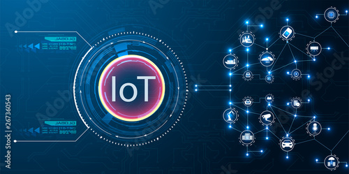 The concept of IOT technology on a blue background. The concept of connecting devices. Spider web of network connections with on a futuristic blue background. IOT vector icons 