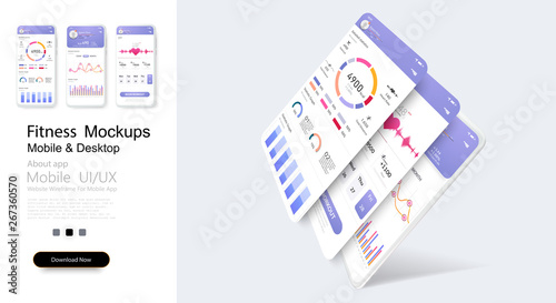 Beautiful banner with fitness for mobile app design. Screens fitness app and flat web icons for mobile apps, responsive website including. Sport. Modern graphic design. Healthy lifestyle. Vector