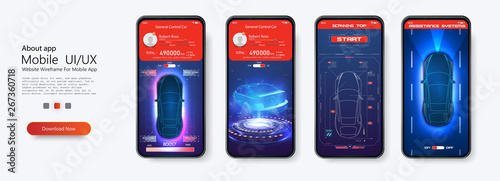 Modern design of mobile application of car service. Smart car (HUD, UI, GUI). Home,menu, type of service. Futuristic car diagnostic. Autonomous smart car scans the road. e-car. Artificial Internet. 