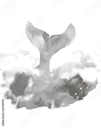 Black and white illustration of a whale's tail disappearing into the sea wave. Ink.