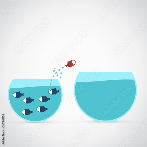 Dream big. Dare to be different.Think differently concept illustration, fish jumping outside the aquarium into biger one. New idea, change, trend, courage, creative solution, innovation and unique way