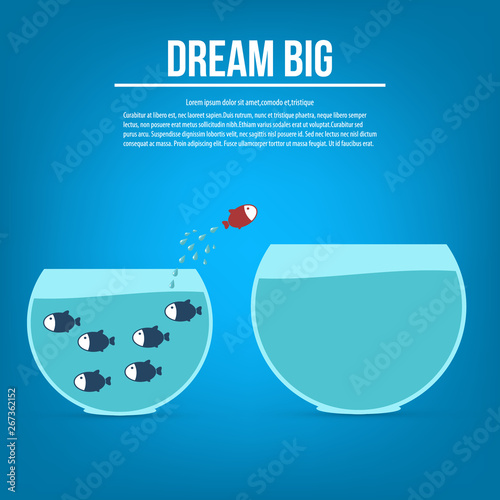 Dream big. Dare to be different.Think differently concept illustration, fish jumping outside the aquarium into biger one. New idea, change, trend, courage, creative solution, innovation and unique way photo