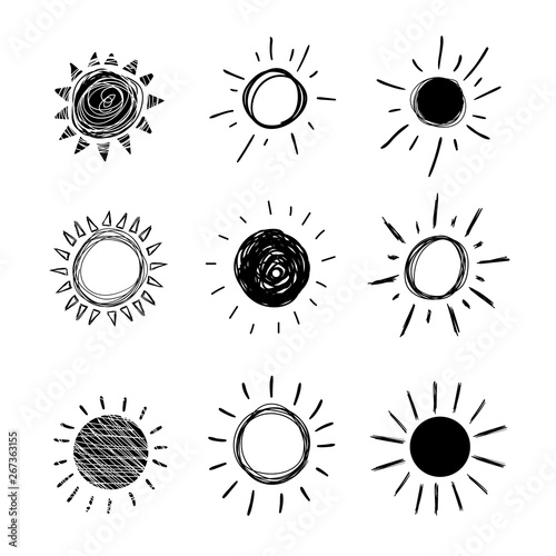 Vector Doodle Sun, Set of Hand Drawn Black Icons Isolated.