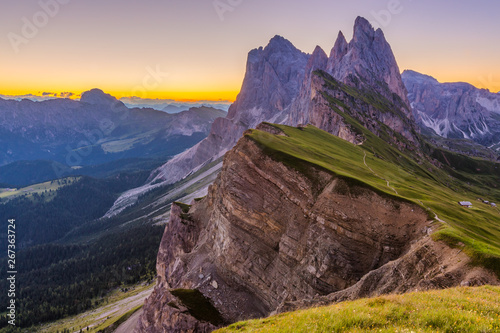 Beautiful sunrise and Odle Mountain landscape in Dolomites, Italy
