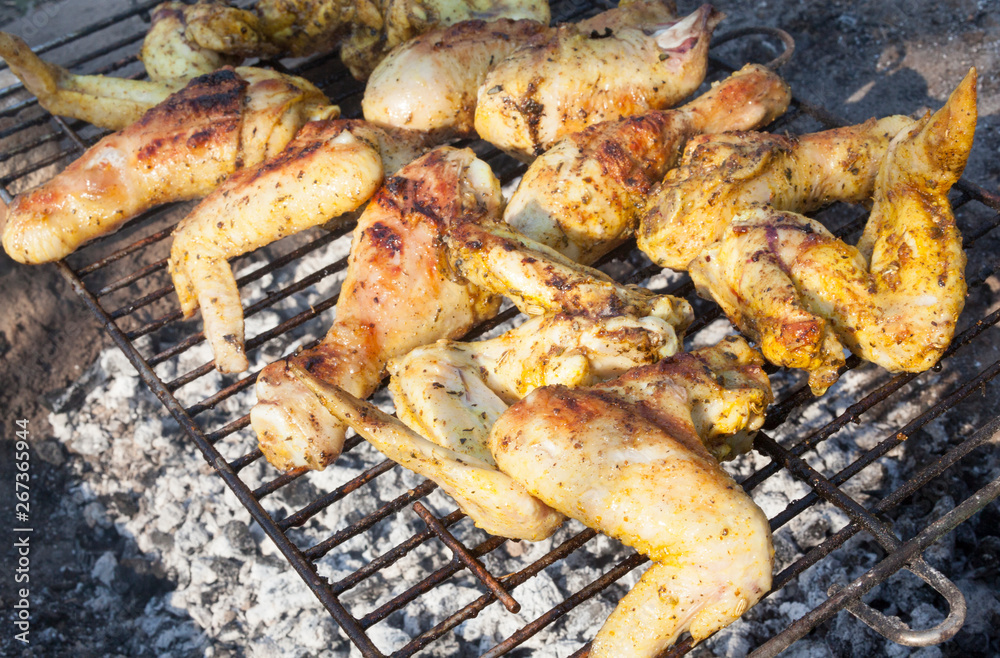 Chicken legs and wings on the grill