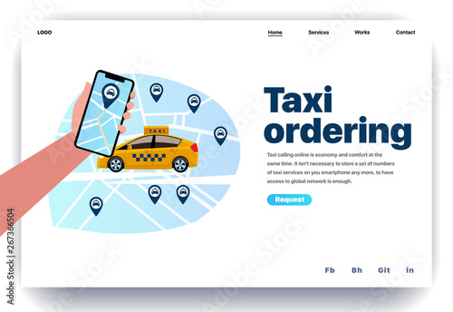 Web page design template for taxi ordering. Hand holding smartphone with taxi service app on the screen. Online mobile app for a call taxi service. Modern vector illustration for website development