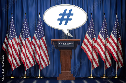 Message , tweet or speech bubble of the president of USA in White House. Space for text. photo