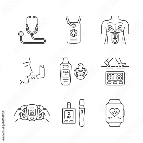 Medical devices linear icons set