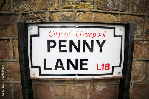 Penny Lane Street in Liverpool. Penny Lane road sign made famous by the Beatles song. A popular tourist destination in United Kingdom
