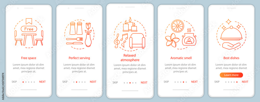 Naklejka premium Food service onboarding mobile app page screen with linear concepts