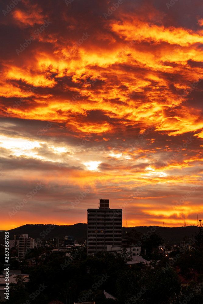 Portrait of fiery sunset over Brisbane Queensland Australia