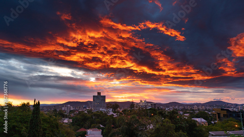 Landscape fiery sunset clouds over Brisbane Queensland Australia
