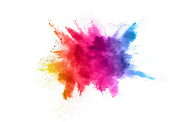 Multicolor powder explosion on White background. Colored cloud. Colorful dust explode. Paint Holi.
