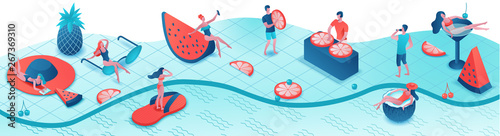 Pool party isometric 3d illustration with cartoon people in swimsuit, drinking cocktail, relax, recreation spa concept, horizontal banner, watermelon, orange, summer event background, leisure time