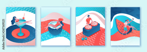 Summer poster set, pool party collection, isometric 3d illustration trendy pop style with cartoon people in swimsuit, drinking cocktail, relax, recreation spa concept, dj music, event background