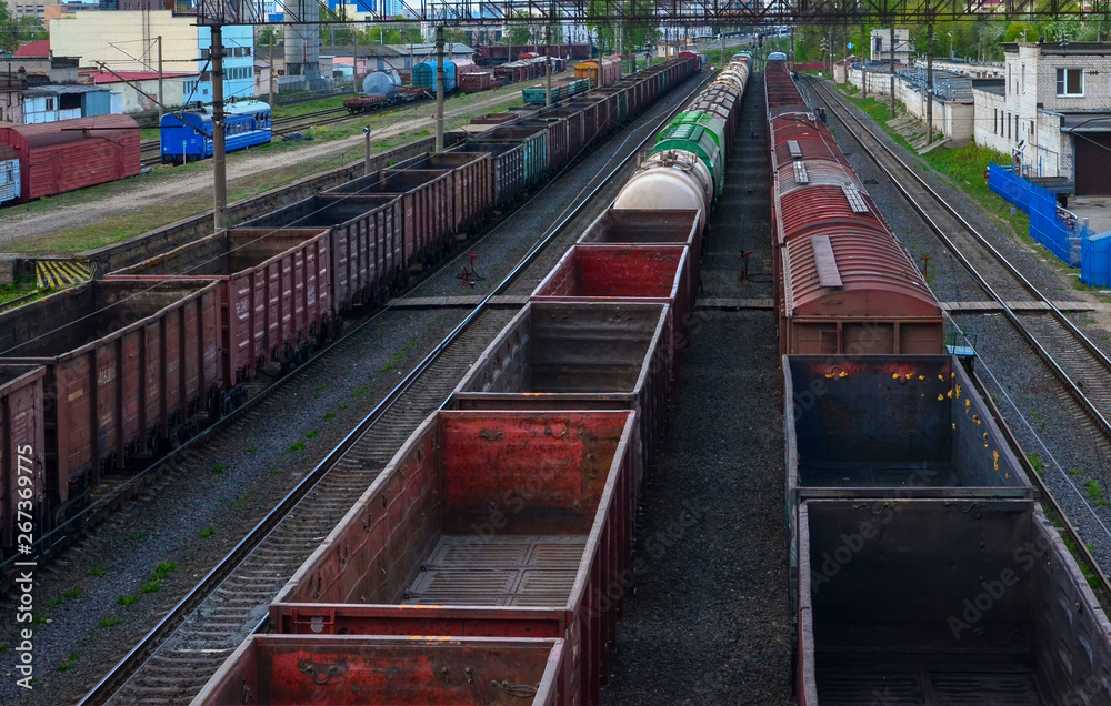Cargo train in sorting freight railway station, rail freight transport - Image