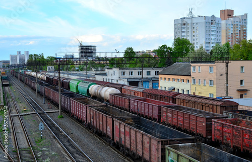 Cargo train in sorting freight railway station, rail freight transport - Image