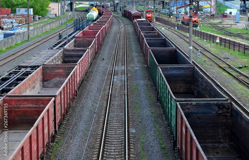 Cargo transportation by railway, sorting freight railway station