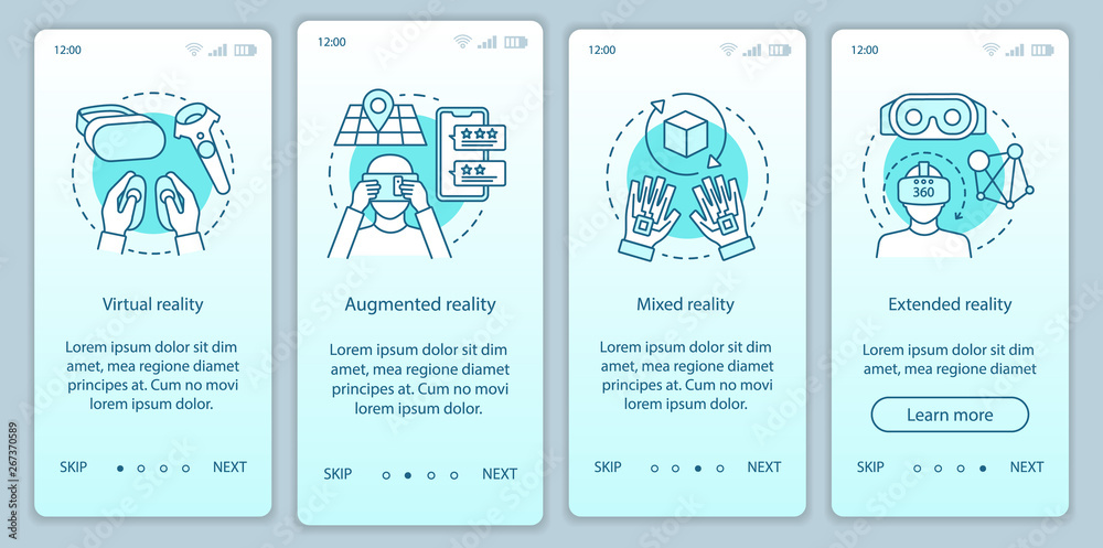 Extended reality onboarding mobile app page screen with linear concept