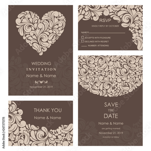 Wedding Invitation, with rsvp, save the date and thank you card baroque style. Vintage  Pattern. Retro Victorian ornament. Frame with flowers elements. Vector illustration.