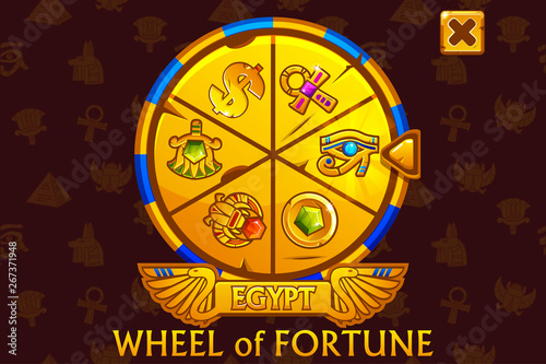 Wheel of fortune in egyptian style for UI game and casino. Vector Golden colors Icons on separate layers.