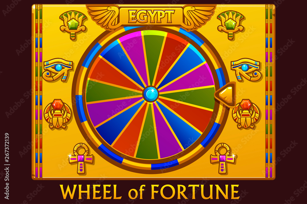 Wheel of fortune in egyptian style for UI game and casino. Vector Golden colors Icons on separate layers. Wheel of fortune in egyptian style for UI game and casino. Vector Golden colors Icons on separate layers.