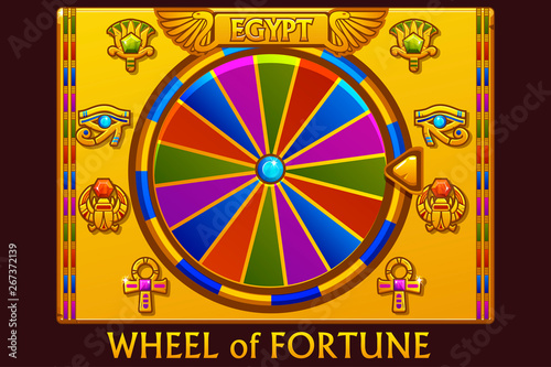 Wheel of fortune in egyptian style for UI game and casino. Vector Golden colors Icons on separate layers.