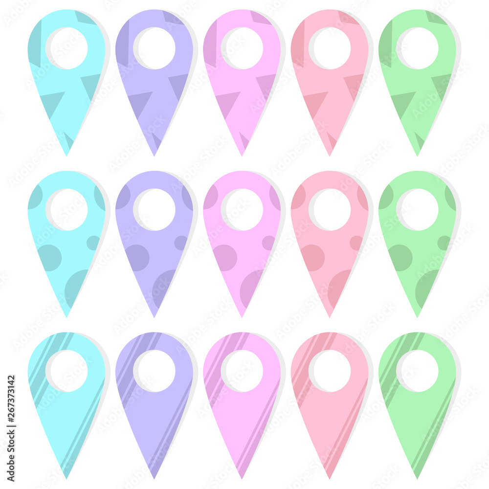 Set of label icons on a map in various colors and outline styles. Cartoon style. Vector on white background Set of label icons on a map in various colors and outline styles. Cartoon style. Vector on white background