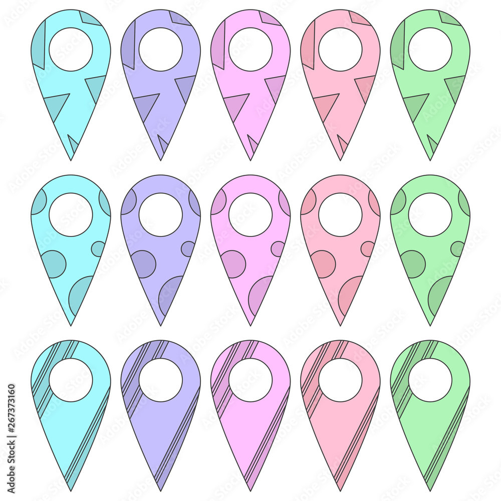 Set of label icons on a map in various colors and outline styles. Contour stroke. Cartoon style. Vector on white background Set of label icons on a map in various colors and outline styles. Contour stroke. Cartoon style. Vector on white background