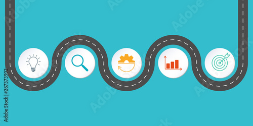 Timeline infographic design with winding road map. 5 steps, options or levels with business icons. Vector illustration.
