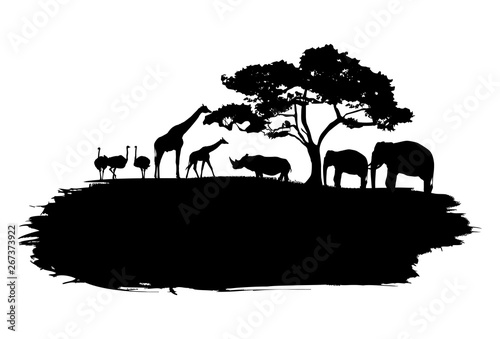Silhouette of wildlife animals in Africa walking on splash paint, Vector