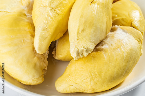 A dish of fresh ripe yellow delicious durian flesh