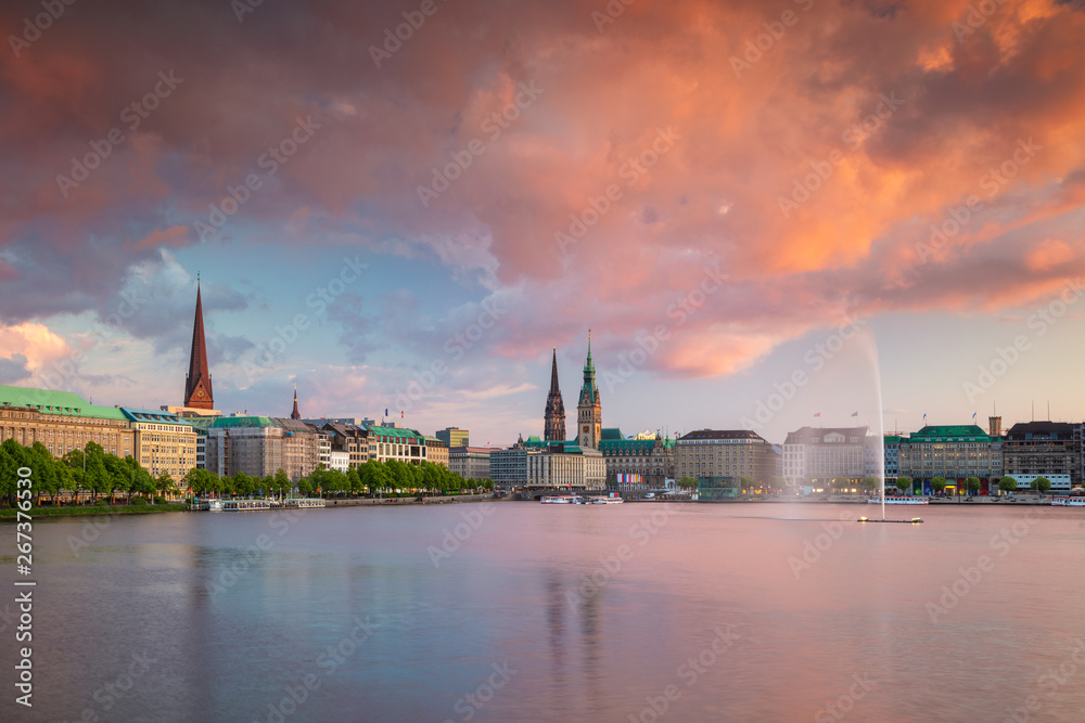 Hamburg, Germany. Cityscape image of Hamburg skyline during beautiful sunset.