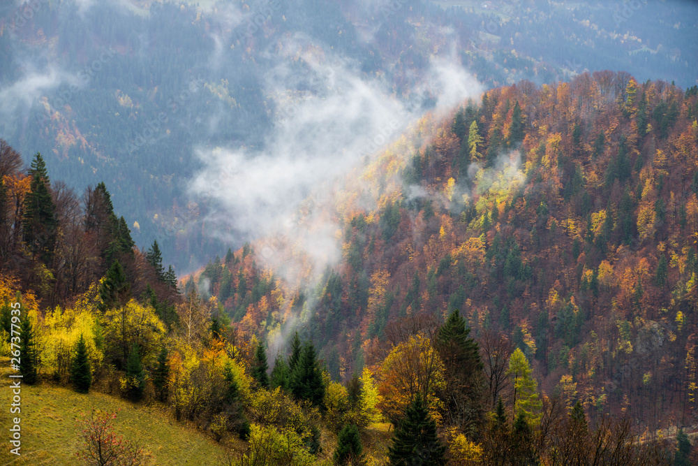 Beautiful autumn mountain landscape covered with fog.