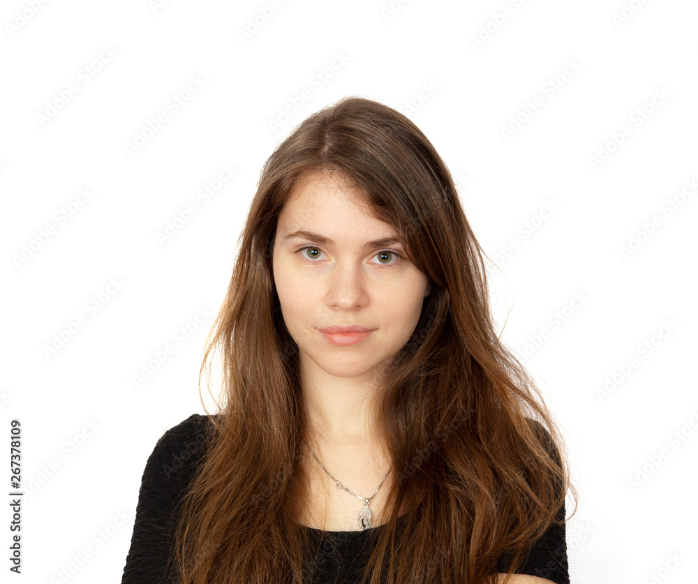 Portrait of brown-haired woman with long hair on white background Portrait of brown-haired woman with long hair on white background