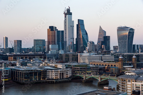 City of London skyscrapers and the River Thames at sunset