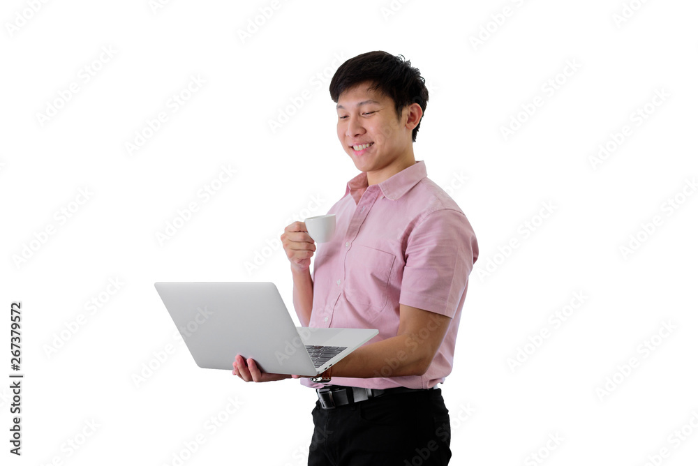 Asian young businessman has standing and working with a cup of coffee on isolated on wihte background.