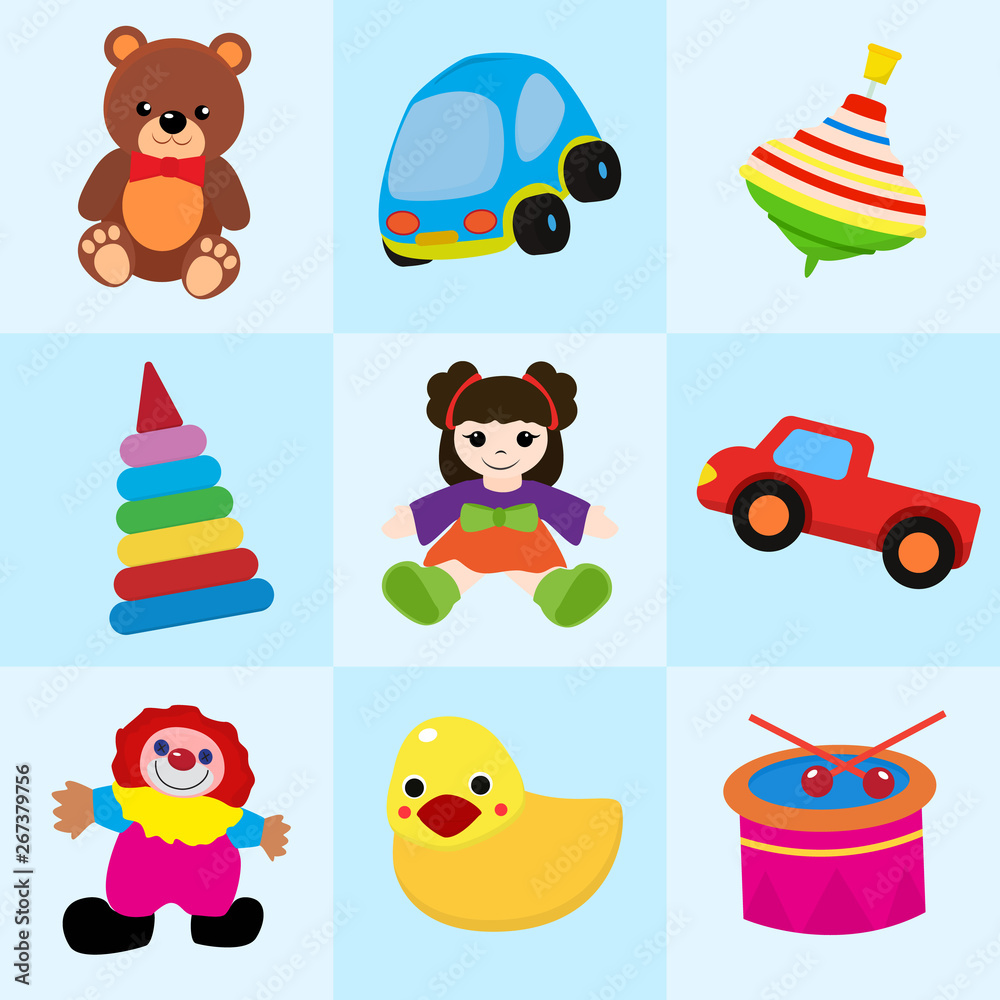 Colorful toys in cartoon style for kids seamless pattern vector illustration. Childish design with doll, duck, clown, bear, truck,drum, stacking toy for textile, fabric, wrapping paper.