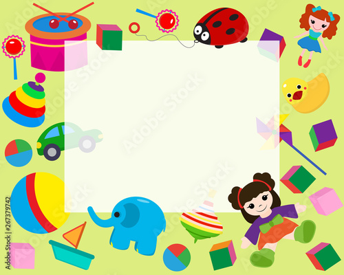 Horizontal frame border with colorful toys in cartoon style banner vector illustration. Place for photo  picture  certificate. Childish design with doll  duck  elephant  boat  ball.