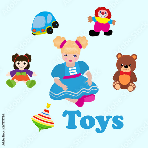 Girl sitting among toys. Colorful things in cartoon style for kids banner vector illustration. Childish design with doll, clown, bear, car for textile, fabric, wrapping paper.