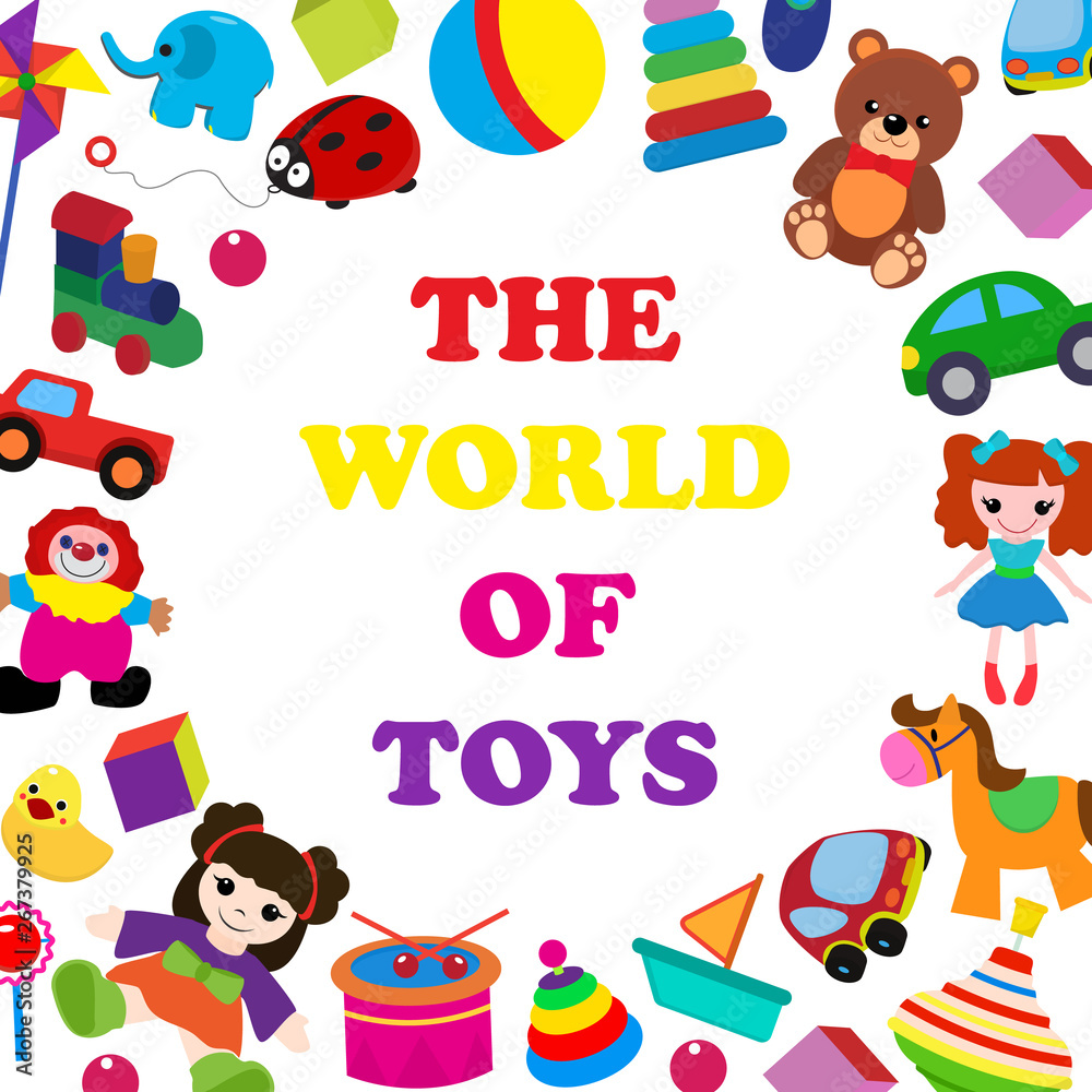 Obraz premium Colorful toys in cartoon style for kids banner vector illustration. Childish design with doll, duck, elephant, boat, ball, horse, clown, truck, train for textile, fabric, wrapping paper.