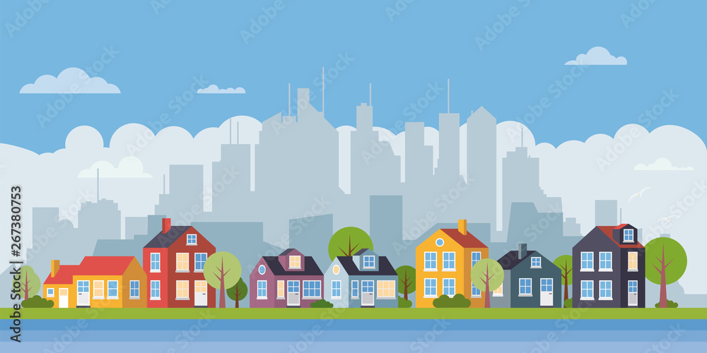 Suburban village flat design cityscape banner vector illustration