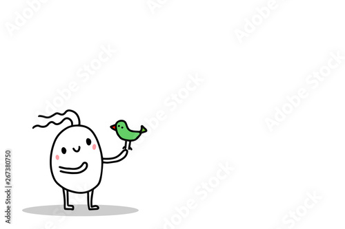 Cute cartoon man holding green parrot bird. Hand drawn illustration for prints posters banners kids books. Vector minimalism
