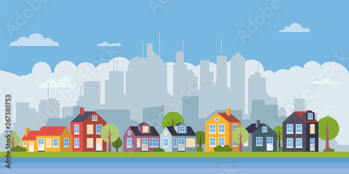 Suburban village flat design cityscape banner vector illustration photo