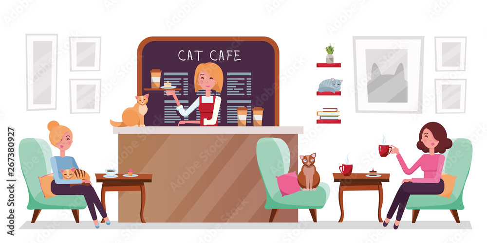 Cat cafe shop, people relaxing with kitties. Place interior to meet, drink and eat, chat, have a rest with pets, barista girl with tray with cake and coffee. flat style cartoon illustration