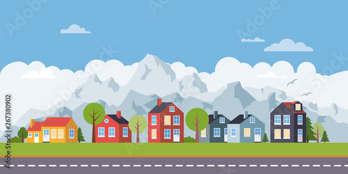 Rural village flat design landscape banner vector illustration