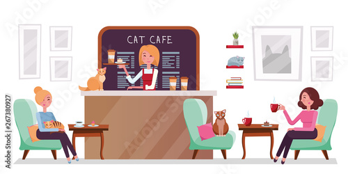 Cat cafe shop, people relaxing with kitties. Place interior to meet, drink and eat, chat, have a rest with pets, barista girl with tray with cake and coffee. flat style cartoon illustration