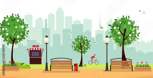 Fototapeta Naklejka Na Ścianę i Meble -  Spring park. Public park in the city with Street Cafe against high-rise buildings silhouette. Landscape with cyclist, blooming trees, lanterns, wood benches. Flat cartoon illustration