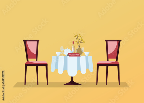 Reserved restaurant round table with white tablecloth  wineglasses  wine bottle  pot  cuts  reservation tabletop sign on it and two soft chairs. Flat cartoon illustration on yellow background
