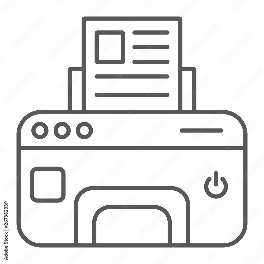 Printer thin line icon, device and print, fax sign, vector graphics, a linear pattern on a white background. Printer thin line icon, device and print, fax sign, vector graphics, a linear pattern on a white background.